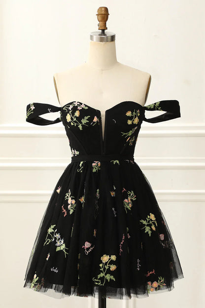Off The Shoulder Cute Homecoming Dress With Embroidery