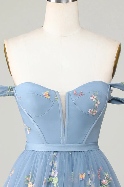 Grey Blue Cute A Line Sweetheart Short Homecoming Dress With Embroidery