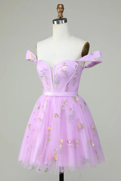 Off The Shoulder Cute Homecoming Dress With Embroidery