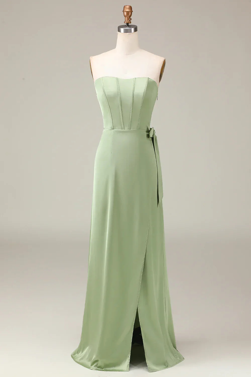Matcha Strapless Corset A-line Satin Evening Dress with Slit
