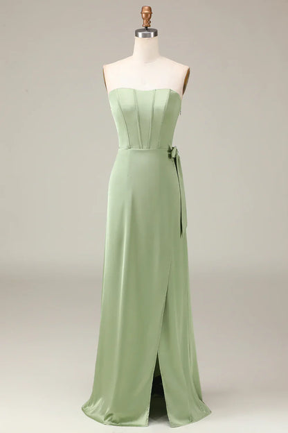 Matcha Strapless Corset A-line Satin Evening Dress with Slit