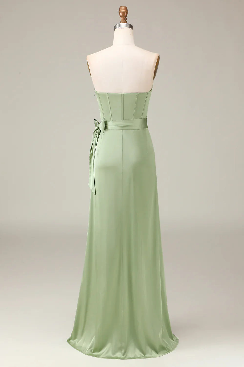 Matcha Strapless Corset A-line Satin Evening Dress with Slit