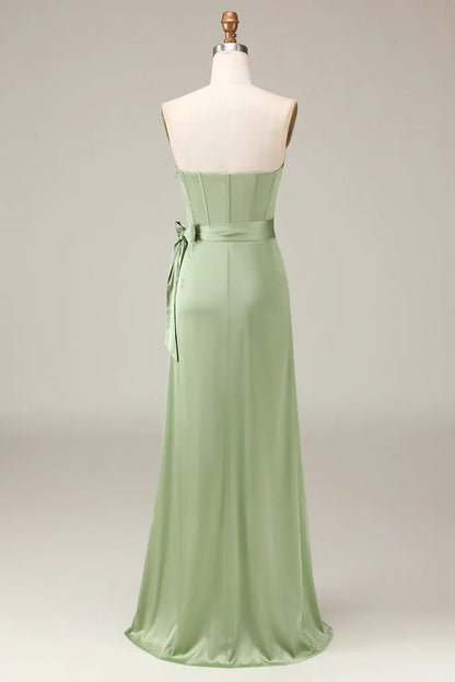 Matcha Strapless Corset A-line Satin Evening Dress with Slit