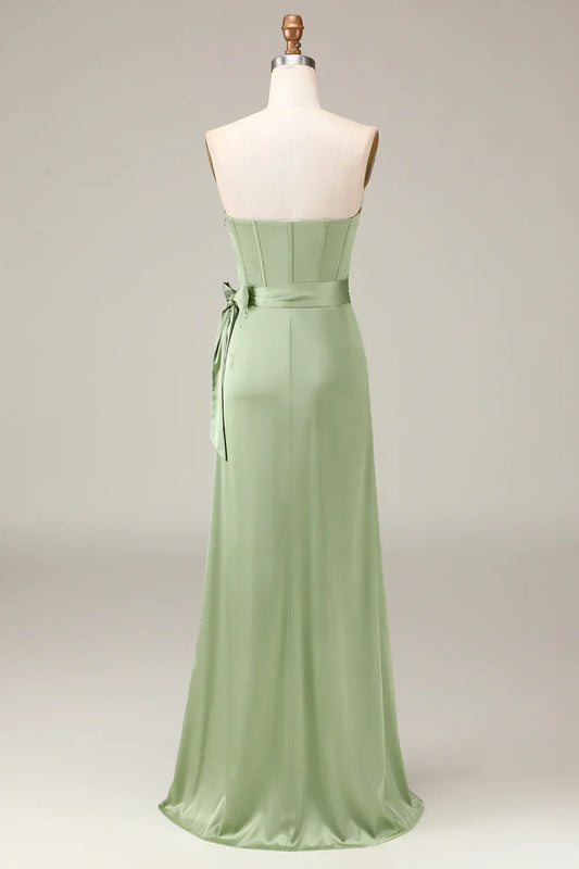 Matcha Strapless Corset A-line Satin Evening Dress with Slit