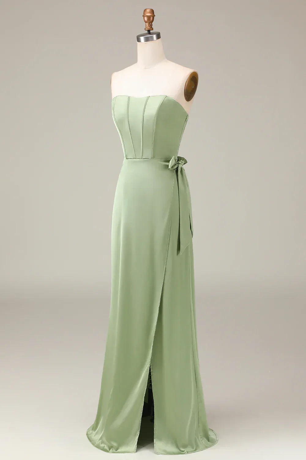 Matcha Strapless Corset A-line Satin Evening Dress with Slit
