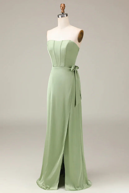 Matcha Strapless Corset A-line Satin Evening Dress with Slit