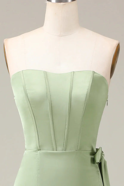 Matcha Strapless Corset A-line Satin Evening Dress with Slit