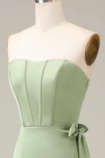 Matcha Strapless Corset A-line Satin Evening Dress with Slit