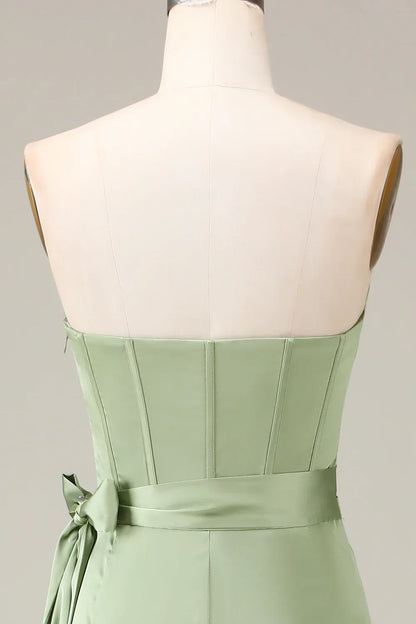 Matcha Strapless Corset A-line Satin Evening Dress with Slit