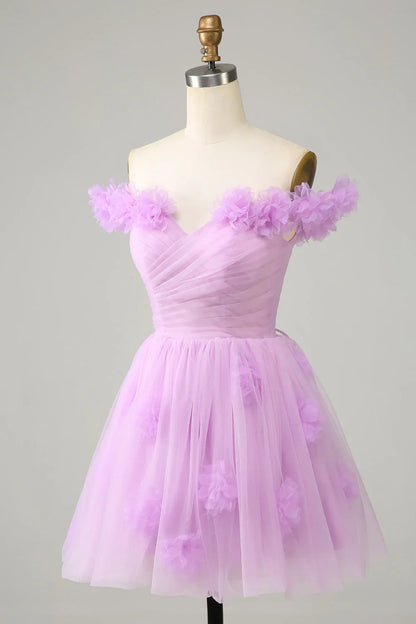A Line Off The Shoulder Short Cute Homecoming Dress With Flowers