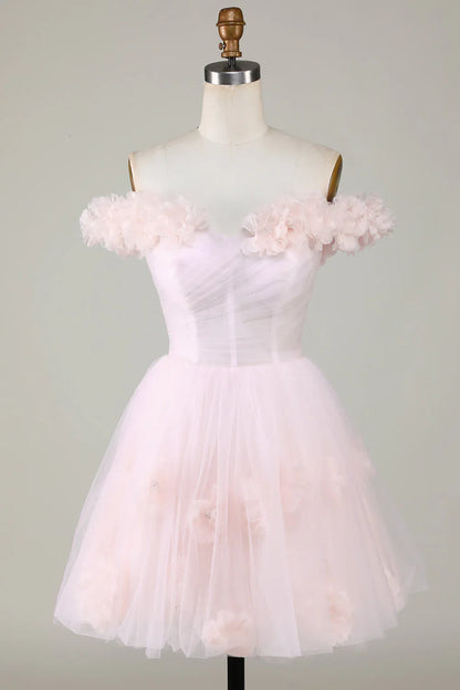 A Line Off The Shoulder Short Cute Homecoming Dress With Flowers