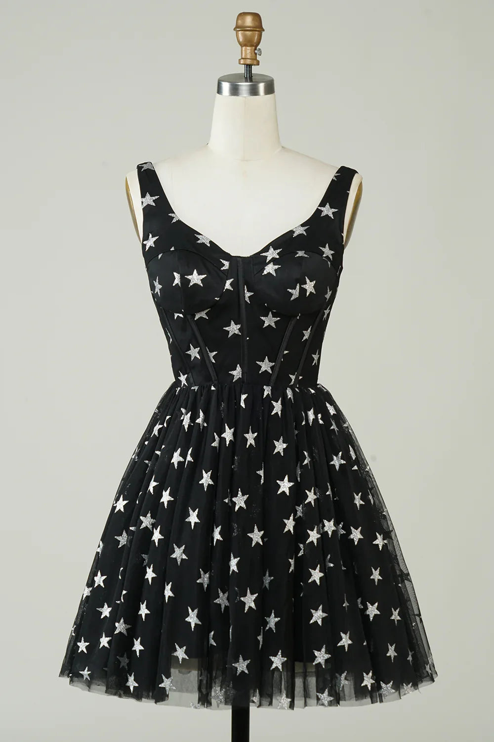 A Line V Neck Tulle Black Homecoming Dress With Stars