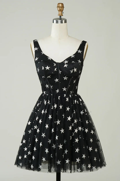 A Line V Neck Tulle Black Homecoming Dress With Stars