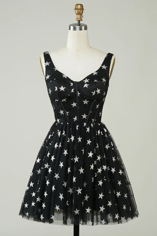 A Line V Neck Tulle Black Homecoming Dress With Stars