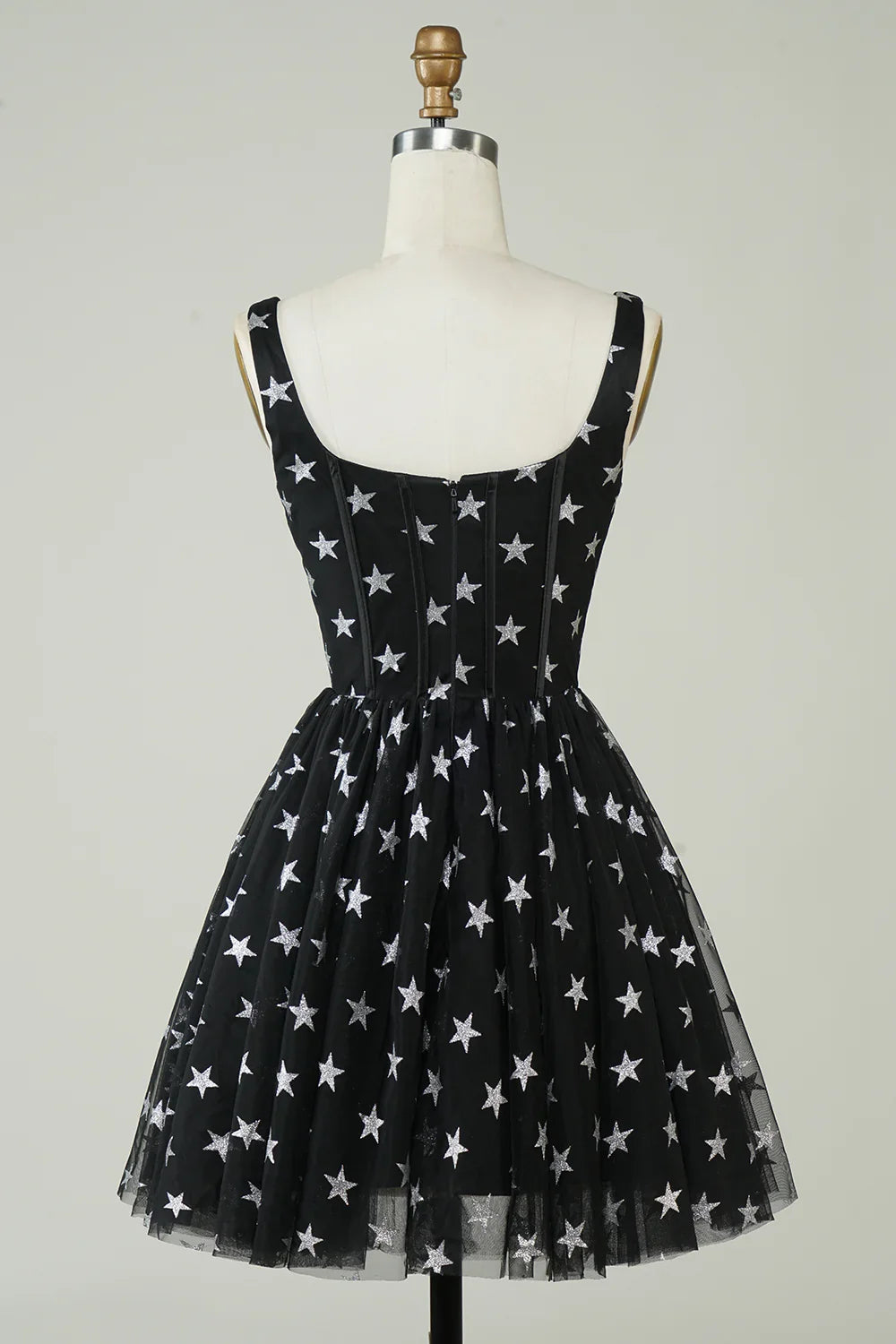 A Line V Neck Tulle Black Homecoming Dress With Stars