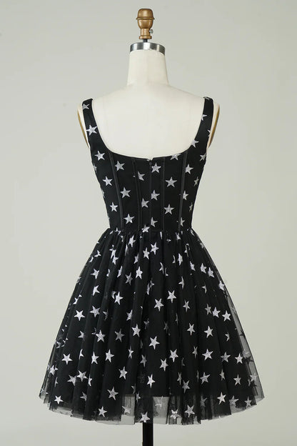 A Line V Neck Tulle Black Homecoming Dress With Stars