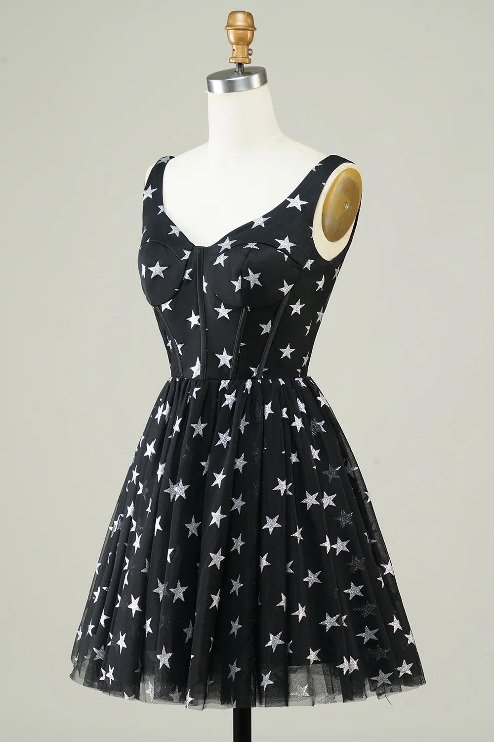 A Line V Neck Tulle Black Homecoming Dress With Stars