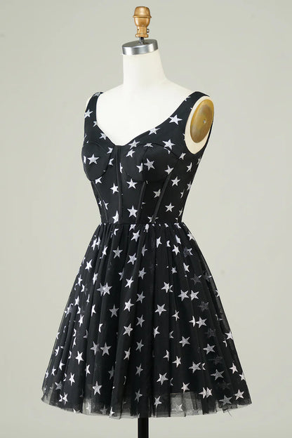 A Line V Neck Tulle Black Homecoming Dress With Stars