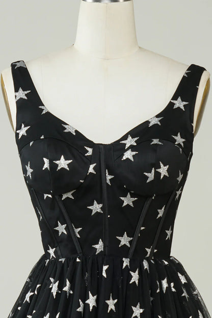 A Line V Neck Tulle Black Homecoming Dress With Stars