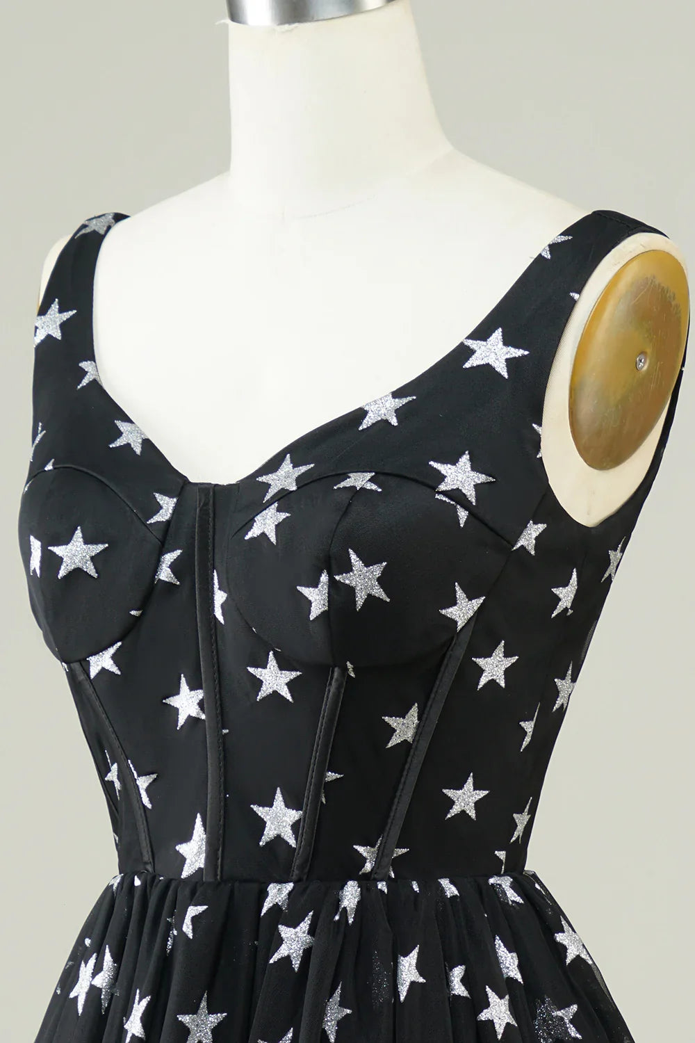 A Line V Neck Tulle Black Homecoming Dress With Stars