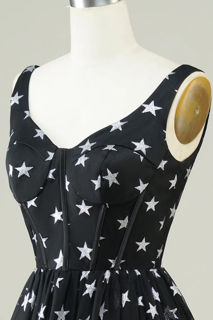 A Line V Neck Tulle Black Homecoming Dress With Stars