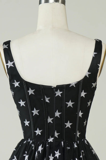 A Line V Neck Tulle Black Homecoming Dress With Stars