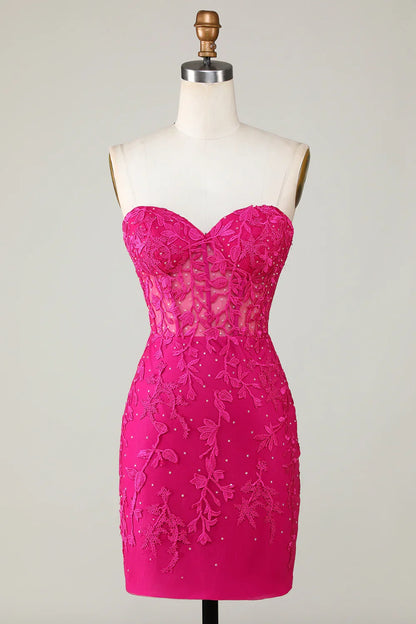 Hot Pink Strapless Tight Homecoming Dress With Appliques