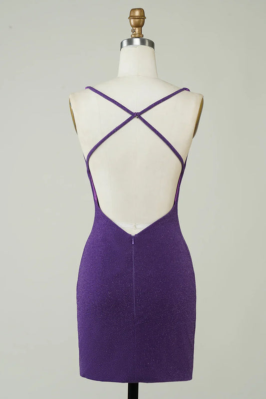 Dark Purple Tight Short Homecoming Dress With Criss Cross Back