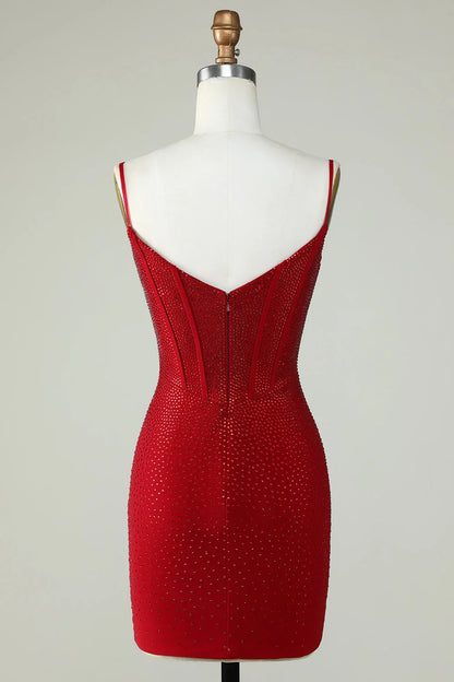 Spaghetti Straps Sparkly Tight Homecoming Dress With Beading