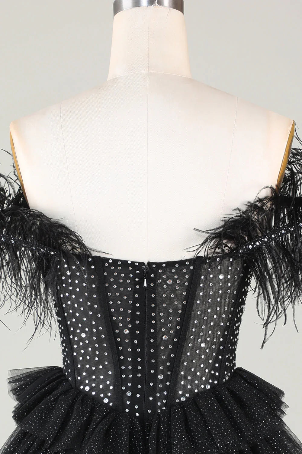 A-Line Black Sparkly Beaded Corset Short Homecoming Dress With Feathers