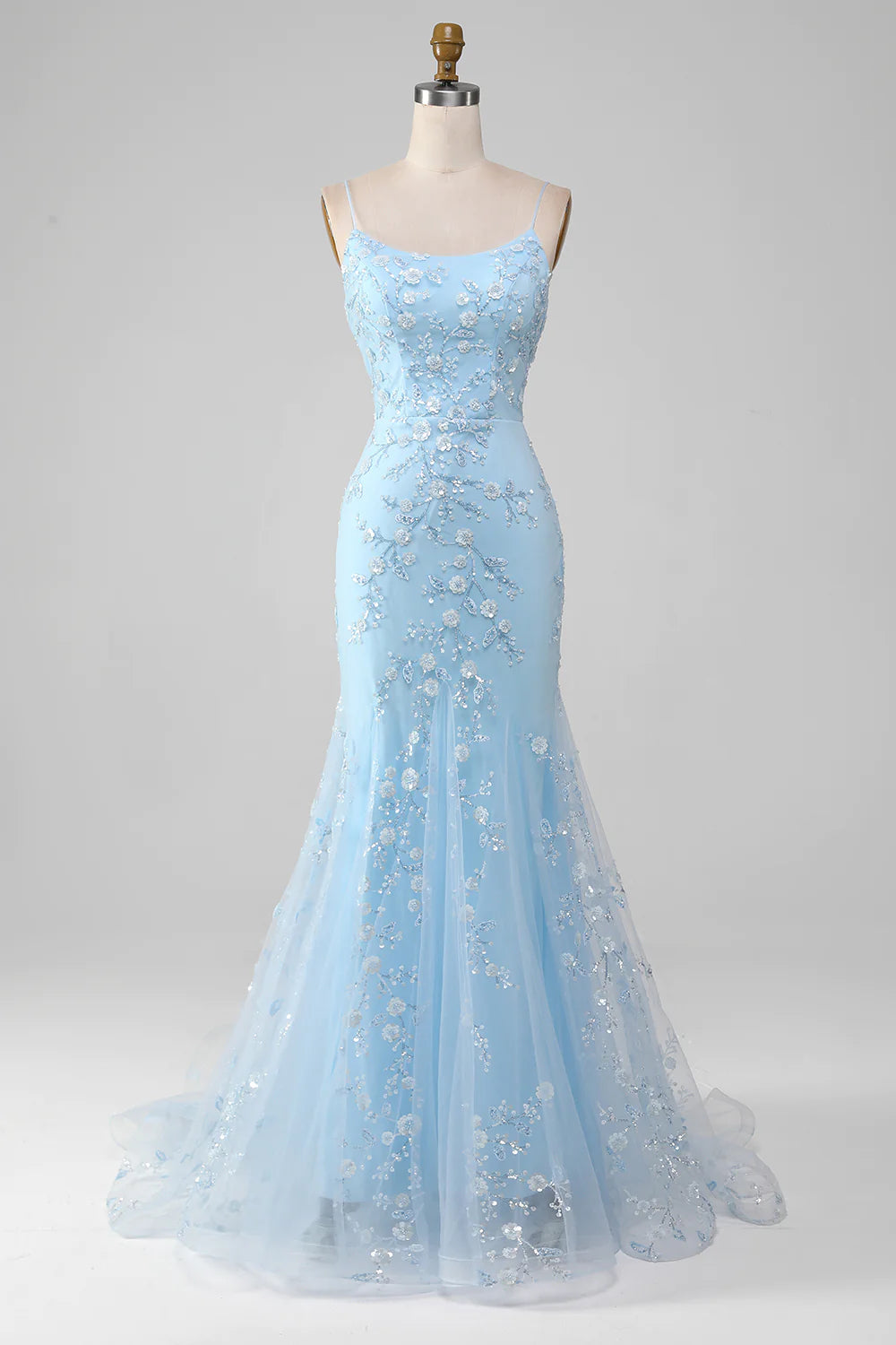 Sparkly Light Blue Mermaid Lace Up Long Prom Dress With Sequined Appliques