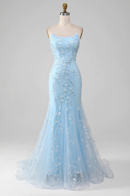 Sparkly Light Blue Mermaid Lace Up Long Prom Dress With Sequined Appliques