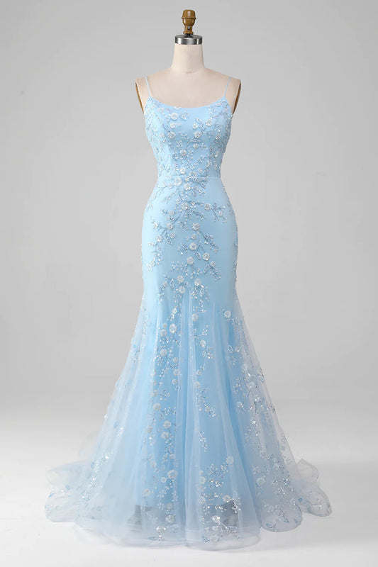 Sparkly Light Blue Mermaid Lace Up Long Prom Dress With Sequined Appliques