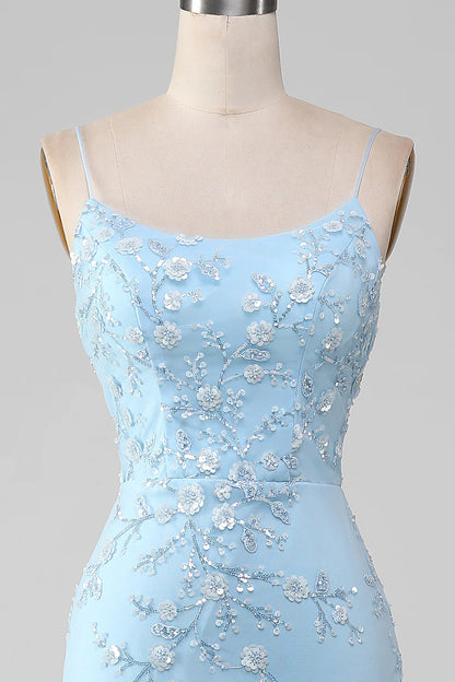 Sparkly Light Blue Mermaid Lace Up Long Prom Dress With Sequined Appliques