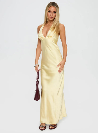Yellow Satin Halter Neck Backless Maxi Dress Cute Affordable Satin Prom Dresses