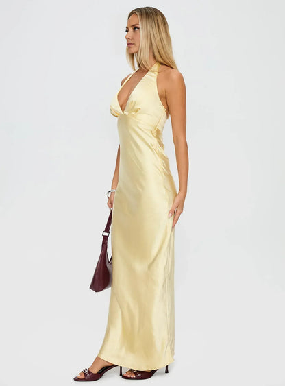 Yellow Satin Halter Neck Backless Maxi Dress Cute Affordable Satin Prom Dresses