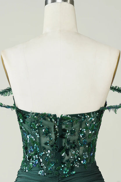Spaghetti Straps Corset Tight Dark Green Homecoming Dress With Appliques