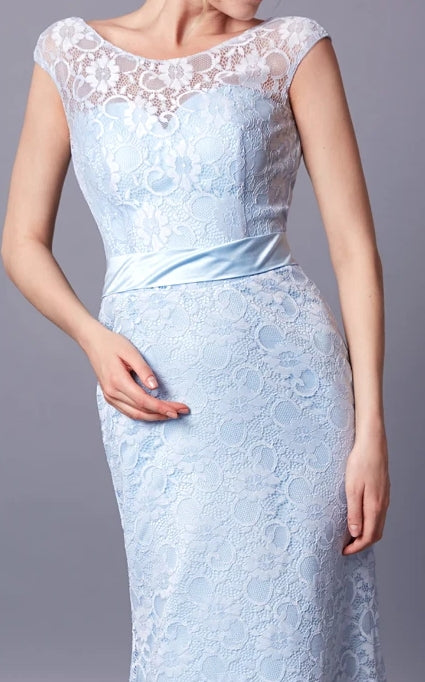 Dress/Demure Cap Sleeve Bateau Neck Long Lace Dress With Sash Deep-V Back Prom Dress/Dress For Formal