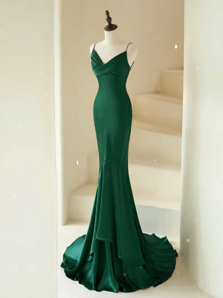 Mermaid V Neck Satin Green Long Prom Party Dresses