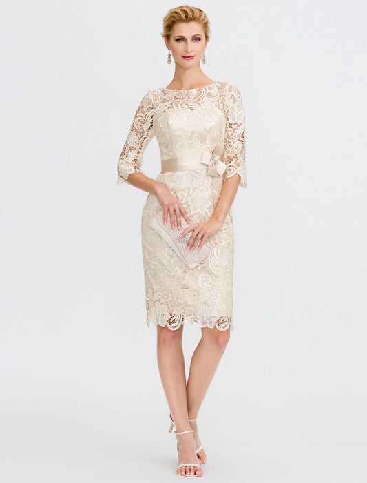 Sheath / Column Mother of the Bride Dress Formal Wedding Guest Elegant Illusion Neck Knee Length All Over Lace 3/4 Length Sleeve with Bow(s)