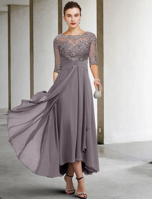A-Line Mother of the Bride Dress Fall Wedding Guest Dresses Elegant High Low V Neck Asymmetrical Ankle Length Chiffon Lace Half Sleeve with Beading Appliques