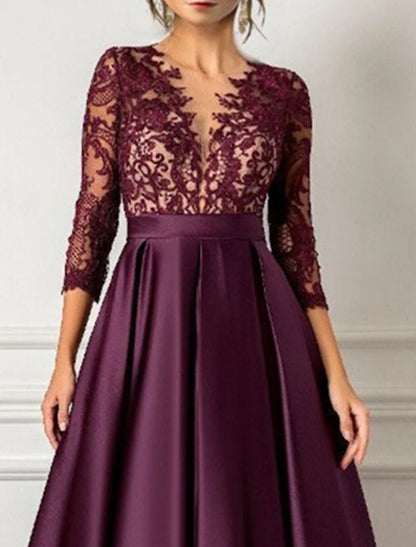 A-Line Evening Gown Elegant Dress Formal Wedding Guest Floor Length 3/4 Length Sleeve V Neck Satin