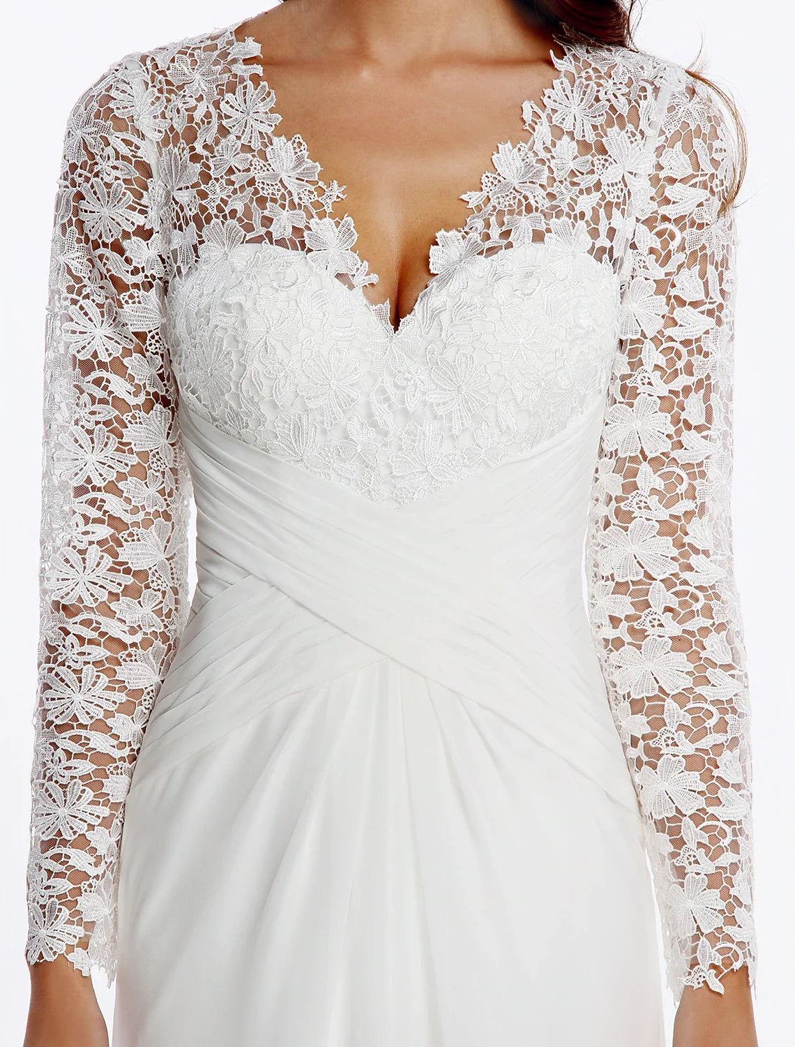 beach Boho Wedding Dresses Sheath / Column V Neck Long Sleeve Sweep / Brush Train Chiffon Bridal Gowns With Lace Buttons