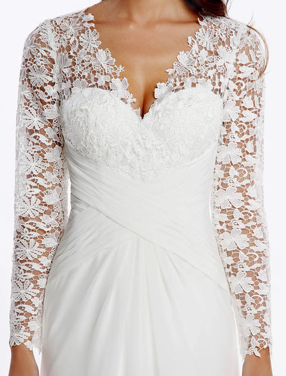 beach Boho Wedding Dresses Sheath / Column V Neck Long Sleeve Sweep / Brush Train Chiffon Bridal Gowns With Lace Buttons