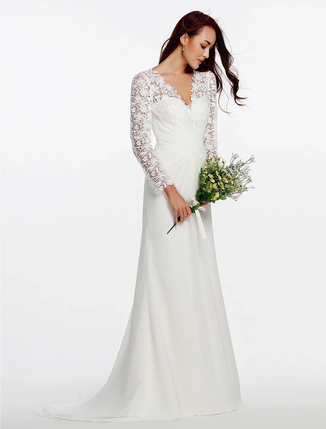 beach Boho Wedding Dresses Sheath / Column V Neck Long Sleeve Sweep / Brush Train Chiffon Bridal Gowns With Lace Buttons