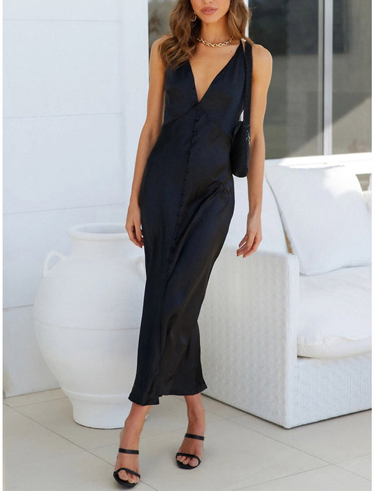 Women's Prom Dress Party Dress Wedding Guest Dress Long Dress Maxi Dress Black Light Blue Sleeveless Plain Backless Summer Spring Fall Spaghetti Strap Elegant Wedding Guest Evening Party Vacation