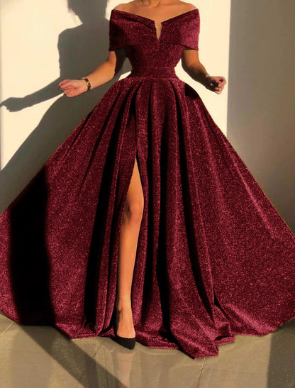 A-Line Evening Gown Sparkle & Shine Dress Formal Fall Court Train Sleeveless Off Shoulder Sequined