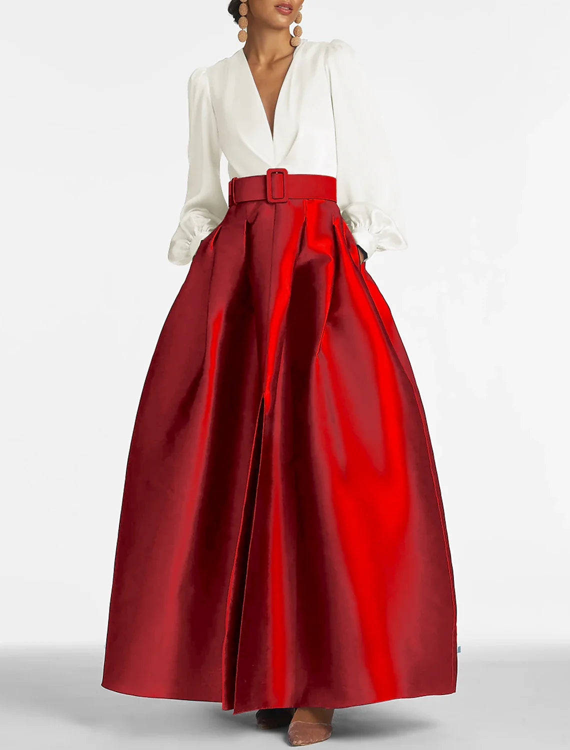 A-Line Satin Green Dress Formal Wedding Guest Dress Elegant Evening Gown High Split Pocket Long Sleeve Floor Length Color Block V Neck Belt