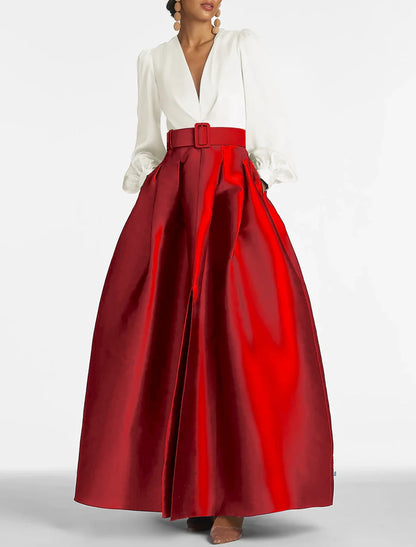 A-Line Satin Green Dress Formal Wedding Guest Dress Elegant Evening Gown High Split Pocket Long Sleeve Floor Length Color Block V Neck Belt