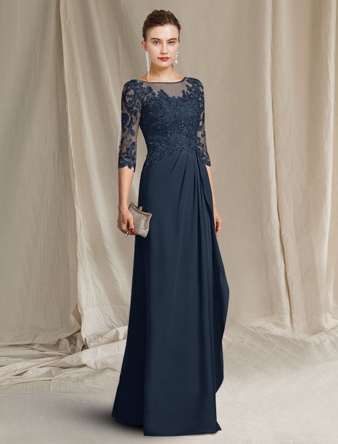 A-Line Mother of the Bride Dress Elegant V Neck Floor Length Chiffon Lace Half Sleeve with Draping Appliques